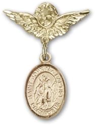 14K Gold Baby Badge with St. John the Baptist Charm and Angel with Wings Badge Pin