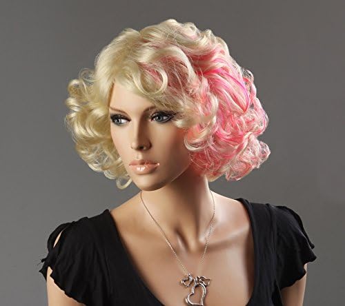 Wigiss Lady Gaga Curly Hair Wig Fashion Cosplay Wigs Party Wigs for Women Blonde Mixed Pink