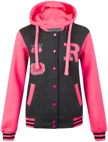 New Womens Ladies R Varsity Contrast Sleeve Baseball Bomber Hoodie Hooded Jacket