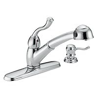Delta Faucet 473-SD-DST Saxony Single Handle Kitchen Pullout Faucet With Diamond Seal Valve and Matching Soap Dispenser, Chrome