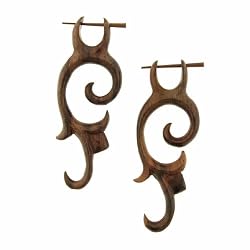 KEPA - Organic Hand Carved Sono Wood Earrings with Wood Post - From Indonesia - Sold as a Pair - 20mm x 60mm