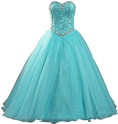Girls  Organza Beaded Crystal Sweetheart  Ball Gown Quinceanera Dress 