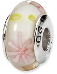 Sterling Silver s Pink Floral Hand-blown Glass Bead by Reflection Beads, Best Quality Free Gift Box Satisfaction Guaranteed
