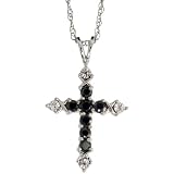 10ct White Gold 18 Thin Chain & 13/16 (21mm) tall Cross Pendant, w/ Brilliant Cut Diamonds & Black Sapphire Stones