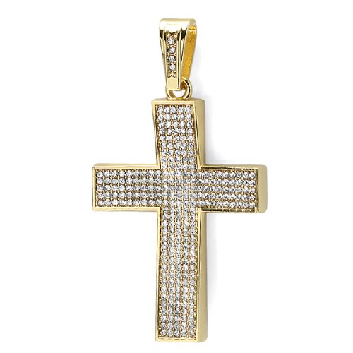 18k Yellow Gold Plated White CZ Cubic Zirconia Hip Hip Iced Micro Pave Mens Religious Cross Pendant (3.5 inch x 1.75 inch)
