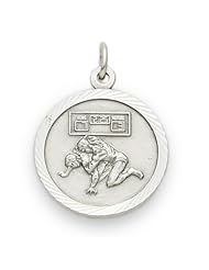 .925 Sterling Silver Wrestler Wrestling Medal Pendant with Cross "Christ Strengthens Me" on reverse. Sports. Comes on 20" chain in jewelry box, gift-ready. Suitable for Boys Girls Men and Women