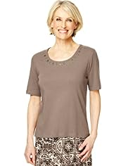 Classic Collection Pure Cotton Metal Disk Embellished Neckline Top with Stay New™