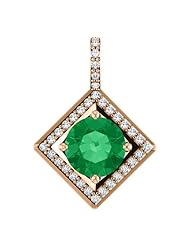 14K Rose Gold 8.00mm Round Cut Chatham Created Emerald and Diamond Pendant