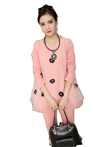 緑 グレー ホワイト ピンク 黒の花柄ワッペン レースのチュニック 長袖シャツ ズボンの三点セット カジュアル キュート アウトドア 通勤 可愛いスカーフ付き ABC047