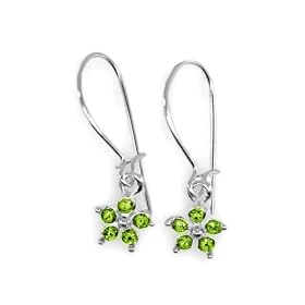 Childrens Flower Earrings Swarovski Crystal Peridot Green Sterling Silver
