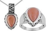 STERLING SILVER ENHANCED CORAL RING AND PENDANT WITH CHAIN SET