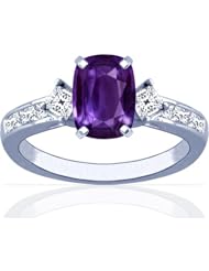 18K White Gold Cushion Cut Purple Sapphire Ring With Sidestones