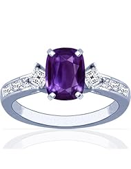 14K White Gold Cushion Cut Purple Sapphire Ring With Sidestones