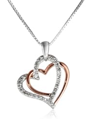 Sterling Silver with Pink Gold Plated 1/4cttw Diamond Twisted Hearts Pendant Necklace, 18"