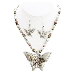 Tri Tone Butterfly Necklace Earrings Set Fashion Jewelry