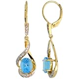 14k Gold 3/4 in. (19mm) tall Lever Back Dangle Earrings, w/ 0.13 Carat Brilliant Cut Diamonds & 2.40 Carats Oval Cut 7x5mm Blue Topaz Stones