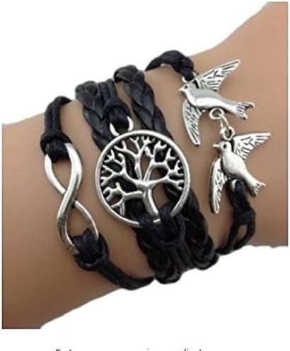 Unisex Handmade 5 Stranges Infinity, Birds of Peace and Tree of Wishes Charms Braided Leather Bracelet (Black)