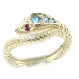 Fabulous Solid Sterling Silver Natural Blue Topaz & Ruby Detailed Snake Ring - Finger Sizes 5 to 12 Available