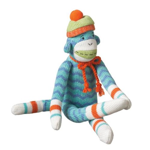Otto - Genuine Monkeez 13 Inch Acrylic Yarn Sock Monkey - Aqua and Blue Zig Zag with Orange and Green Trim