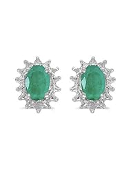 14k White Gold Oval Emerald And Diamond Earrings