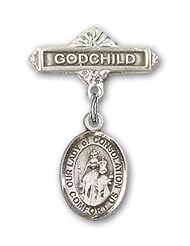 Sterling Silver Baby Badge with Our Lady of Consolation Charm and Godchild Badge Pin