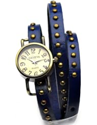 Geneva Retro Watch Womens Punk Wrap Genuine Leather Fashion Watch Rivet Blue Strap