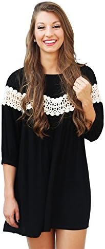 Women Three Quarter Sleeve O Neck Floral lace patchwork Loose Casual Short Dress
