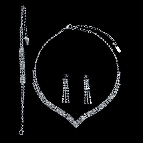 Silver Tone Rhinestone Bridal Necklace Earrings Bracelet 3-pcs Set