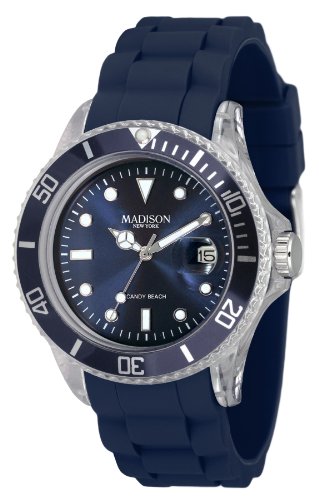 Blaue Madison New York Unisex Armbanduhr - Sonderedition mit durchsichtigem Uhrengehäuse