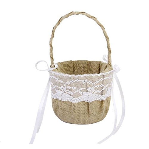 Angelduck Hand-crafted Rustic Burlap Lace Bow Wedding Flower Girl Basket