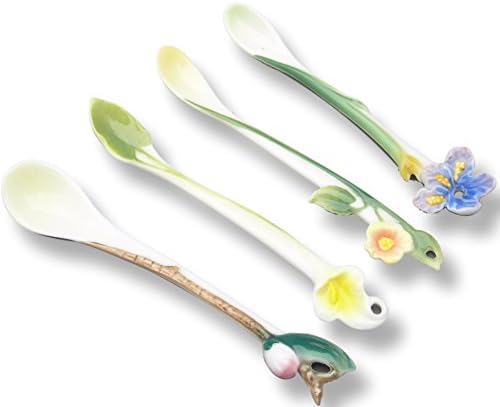 5.5 inch x 4 Spoon Set, dessert, teaspoon, drink muddler ceramicSpoon, 4 botanical design