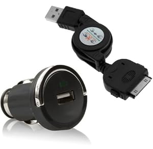 Fosmon Apple iPhone 3G / iPhone 3GS Retractable USB Sync Charge Data Cable + USB Mini Auto Car Charger, Black
