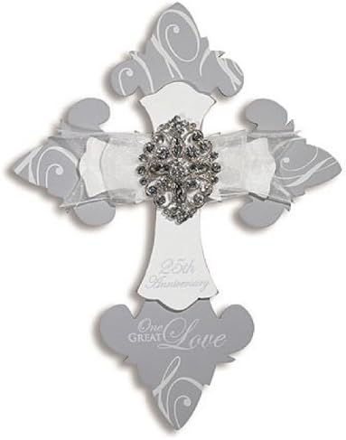2pc 10" High One Great Love 25th Anniversary Wall Cross Wood Ribbon Rhinestone