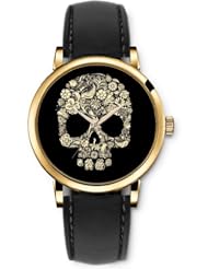 Analog Gold Women Watches Black Leather Wristband - Flower Decoration Skull
