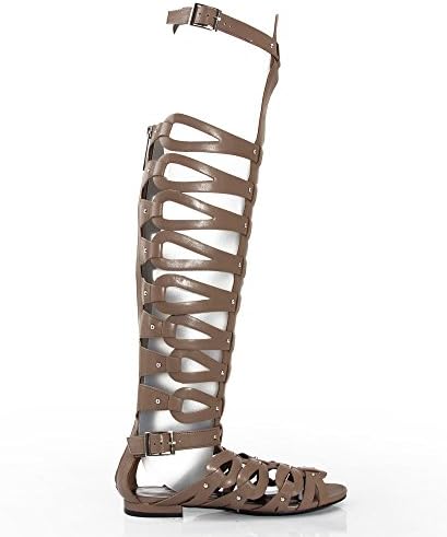 Breckelles Women's Over the Knee Flat Gladiator Sandals,8 B(M) US,Natural PU