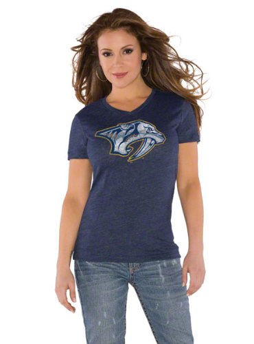Nashville Predators Navy Women's Primary Logo Tri Blend V Neck T-Shirt- by Alyssa Milano