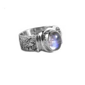 Rainbow Moonstone Hand Engraved Band Design Sterling Silver Ring - Size 9 by 