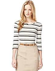 Autograph Slash Neck Multi-Striped Top with Linen
