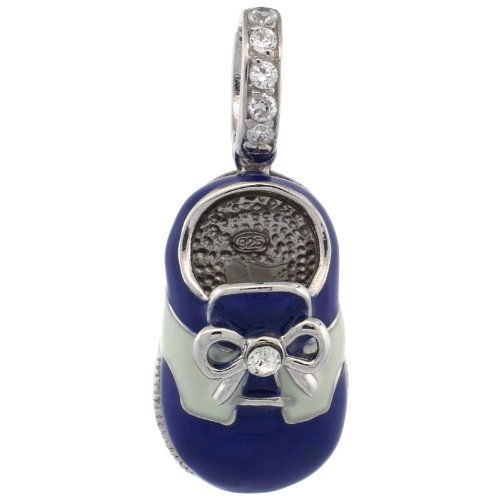 Sterling Silver Blue & White Enamel Baby Shoe Pendant w/ CZ Stones, 7/8 in. (23mm) tall