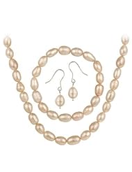 Sterling Silver, Pink Cultured Freshwater Pearl Necklace Bracelet and Earring