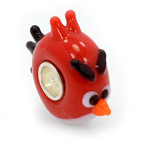 925 Solid Sterling Silver Red, White and Black Angry Bird Glass Charm Bead