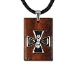 Stainless Steel Natural Redwood Cubic Zirconia Iron Cross Rectangular Pendant w. Woven Faux Leather Necklace