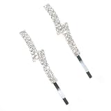 Pair of Modern Hair Pins with Lighting Bolt Shape with Multiple Round Cut Clear Rhinestones
