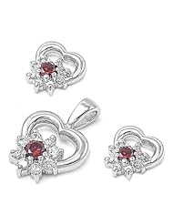 Sterling Silver Love Heart Pendant and Earrings Jewelry Set with Garnet and Clear CZ