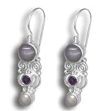 Sterling Silver Grey Moonstone, Iolite, White Pearl Earrings by Sajen
