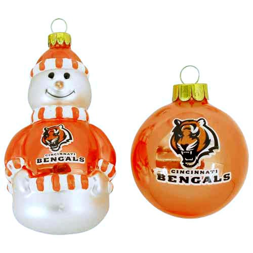 Cincinnati Bengals Snowman and Ball Mini Blown Glass Ornaments