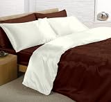 Viceroybedding 6pc Satin Duvet Cover Bed Set, Double, Reversible Chocolate Brown/ Cream