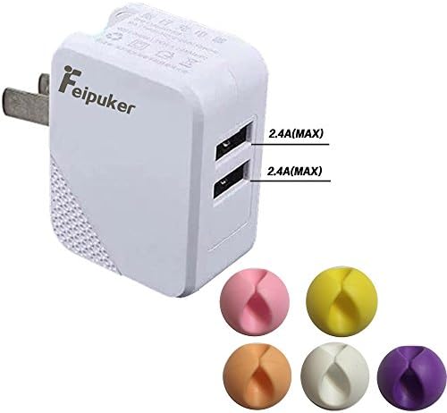Charger &amp; Cable Clips, Feipuker 4.8A Dual Port Universal USB Wall Charger &amp; 5 different colors Cable Clips