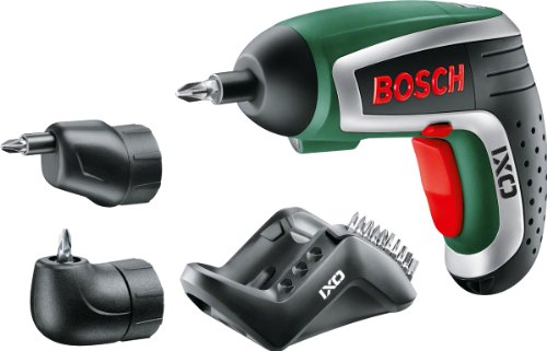 Bosch IXO HomeSeries Akkuschrauber + Winkel- und Exzenteraufsatz + 10 Standard-Schrauberbits + Ladegerät (30 % mehr Kraft, 0,3 kg, 3,6 V)