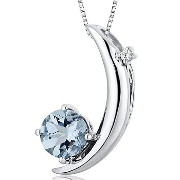 Crescent Moon Design 1.00 carats Round Checkerboard Cut Sterling Silver Rhodium Finish Aquamarine Pendant